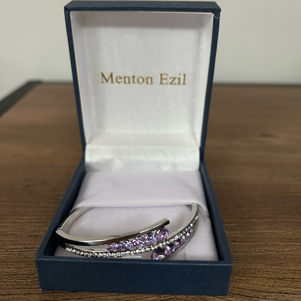 Silver Metal Menton Ezil bangle bracelet- new - with faux amethysts & diamonds